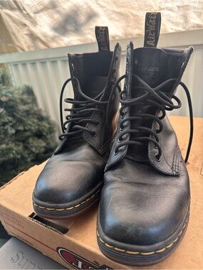 Dr. Martens Newton DM’s Black Leather Lite Lace-Up Boots with Yellow Stitching